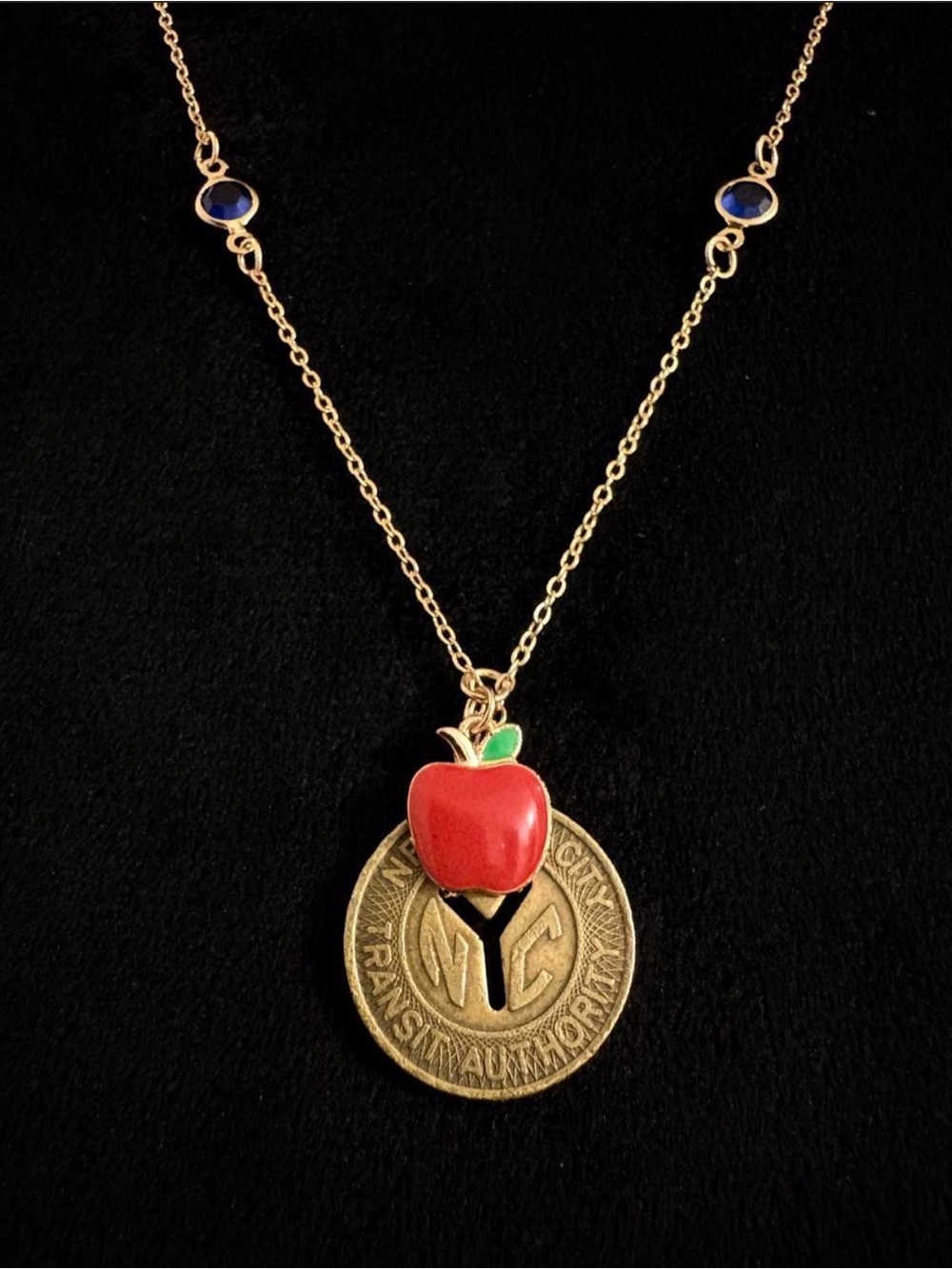 Delicate Golden Chain Vintage NYC transit token Red Apple Pendant & Blue Accents